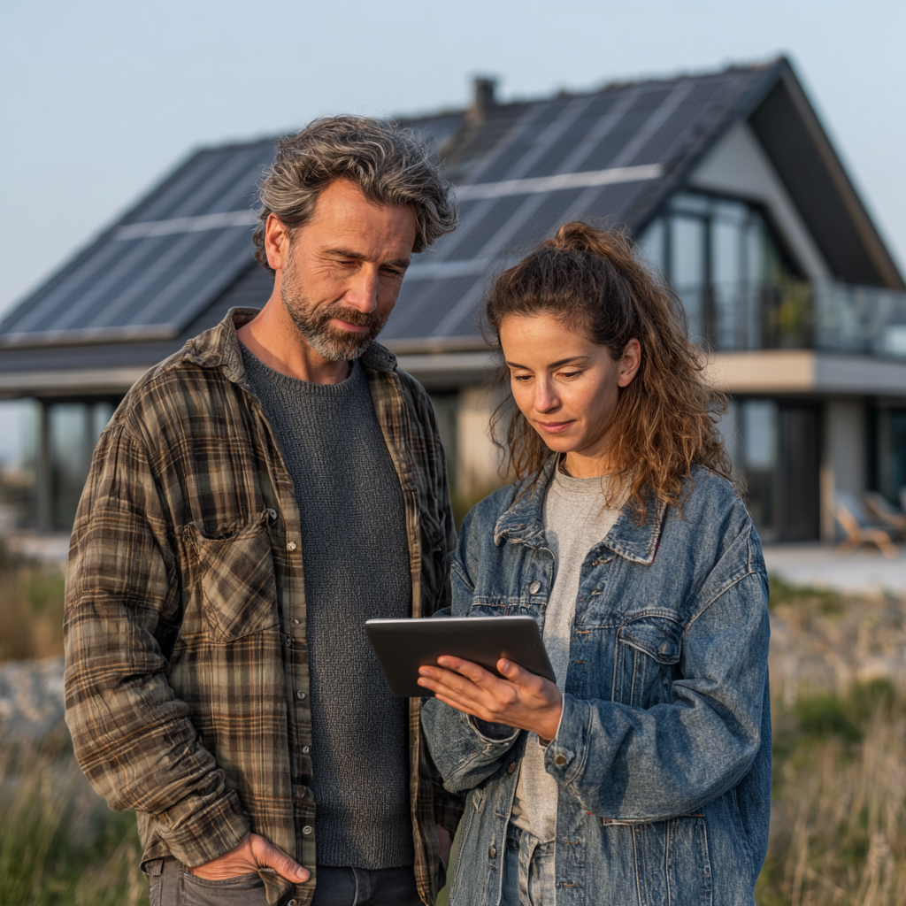 Zwei personen mit Tablet for Haus mit PV-Anlage